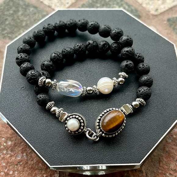 Genuine Gemstones bracelets set tiger eye , pearls & aura crystal quartz - Picture 2 of 13